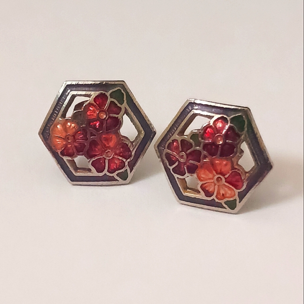 Hexagonal Cloisonné Floral Stud Earrings
